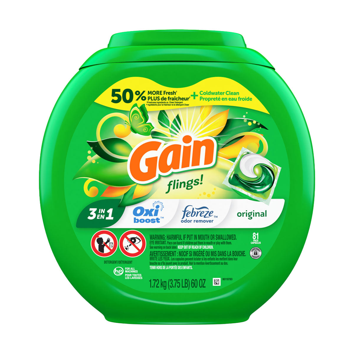 Detergente para ropa en cápsulas Gain Original Flings 3 en 1 Oxi Boost con Febreze, (81 unidades)