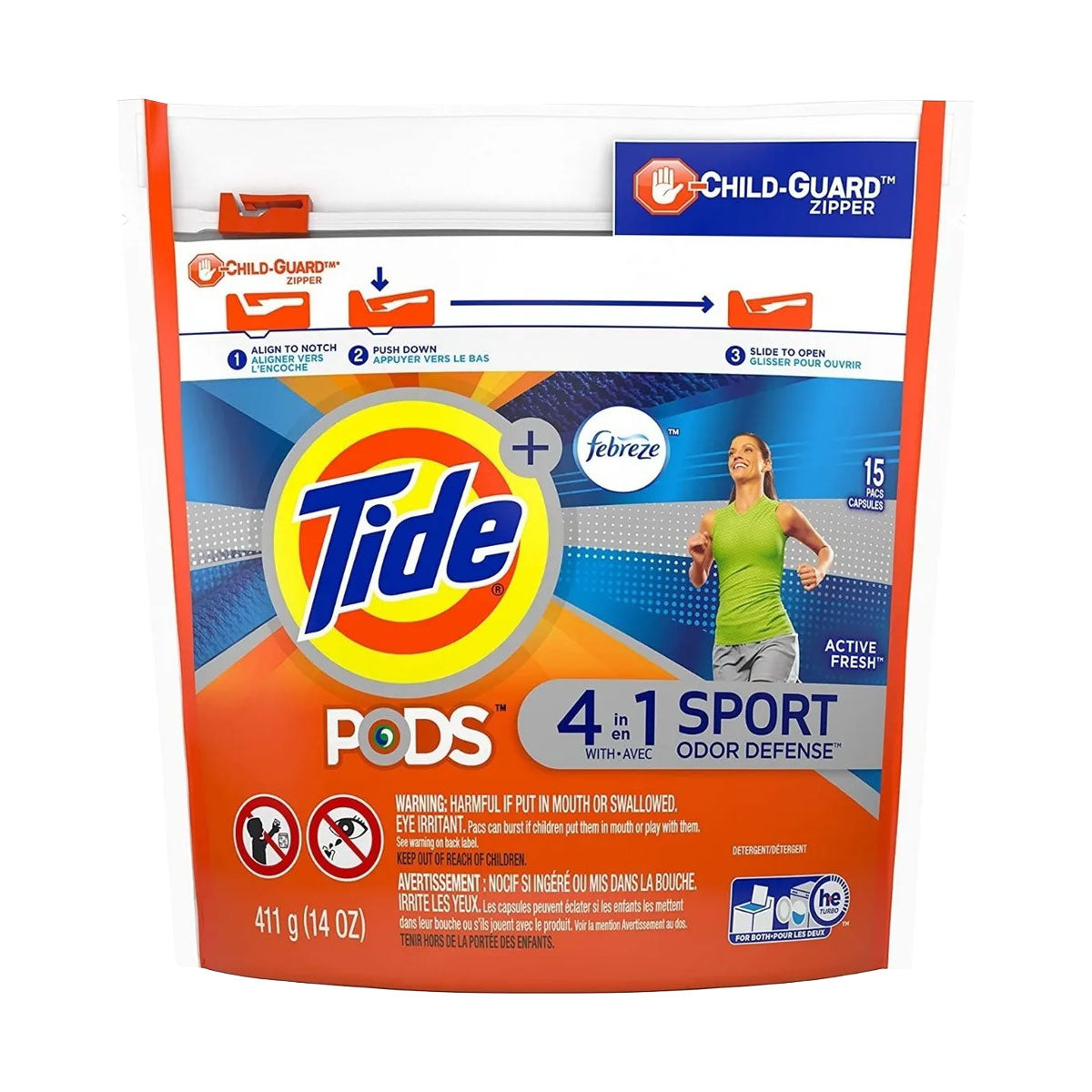 Detergente para ropa en cápsulas Tide PODS Plus Febreze Sport 4 en 1 Odor Defense (15 cápsulas)